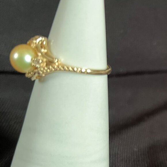 Vintage 1940's Japanese Akoya Golden Pearl & White Topaz 10K Gold Ring sz 5 - Picture 3 of 8